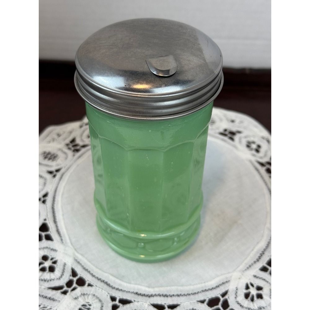 Vintage Jadeite Green Milk Glass Sugar Shaker Paneled Glass Stainless Lid Spout